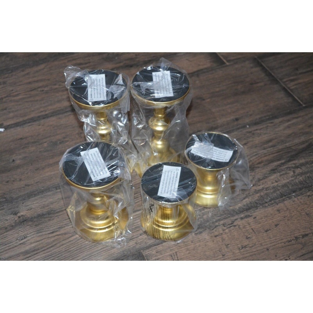 KRINGLE EXPRESS SET OF FIVE GRADUATED PEDESTALS CANDLE HOLDERS GOLD